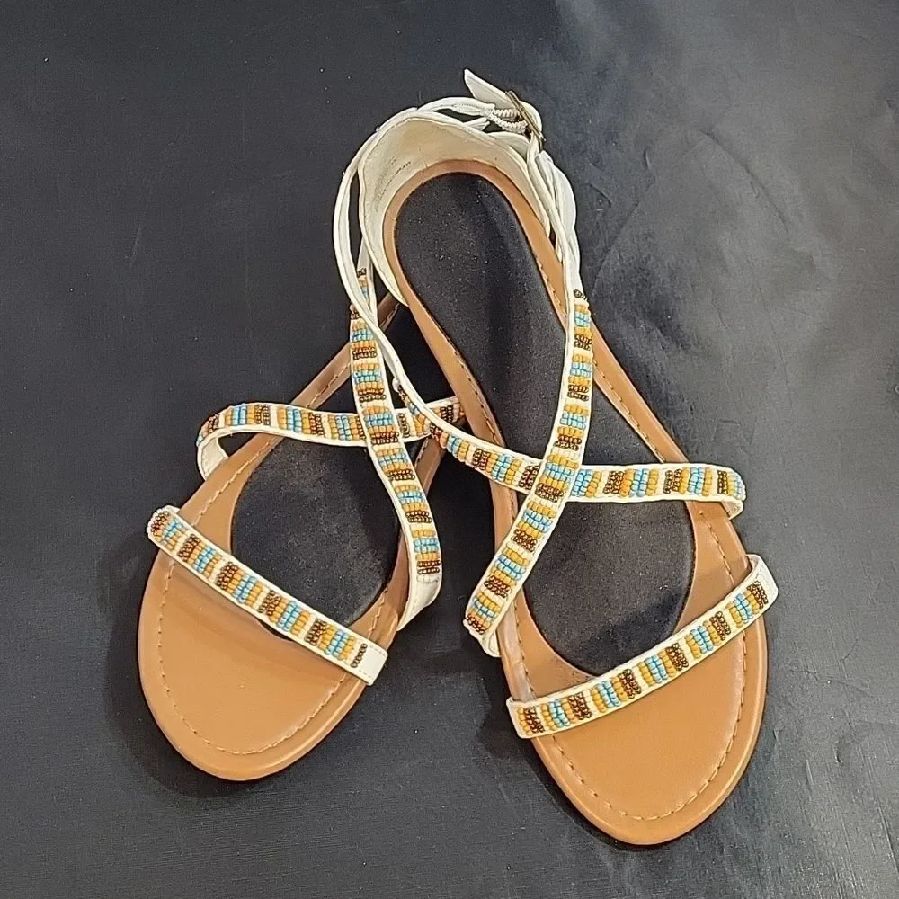 BEADED LEATHER UPPER CRISSCROSS STRAP BACK ANKLE BUCKLE STRAP CLOSURE SANDAL